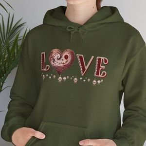 Love Hoodie Valentines, Mothers Day Military Green College Hoodie Sweatshirt